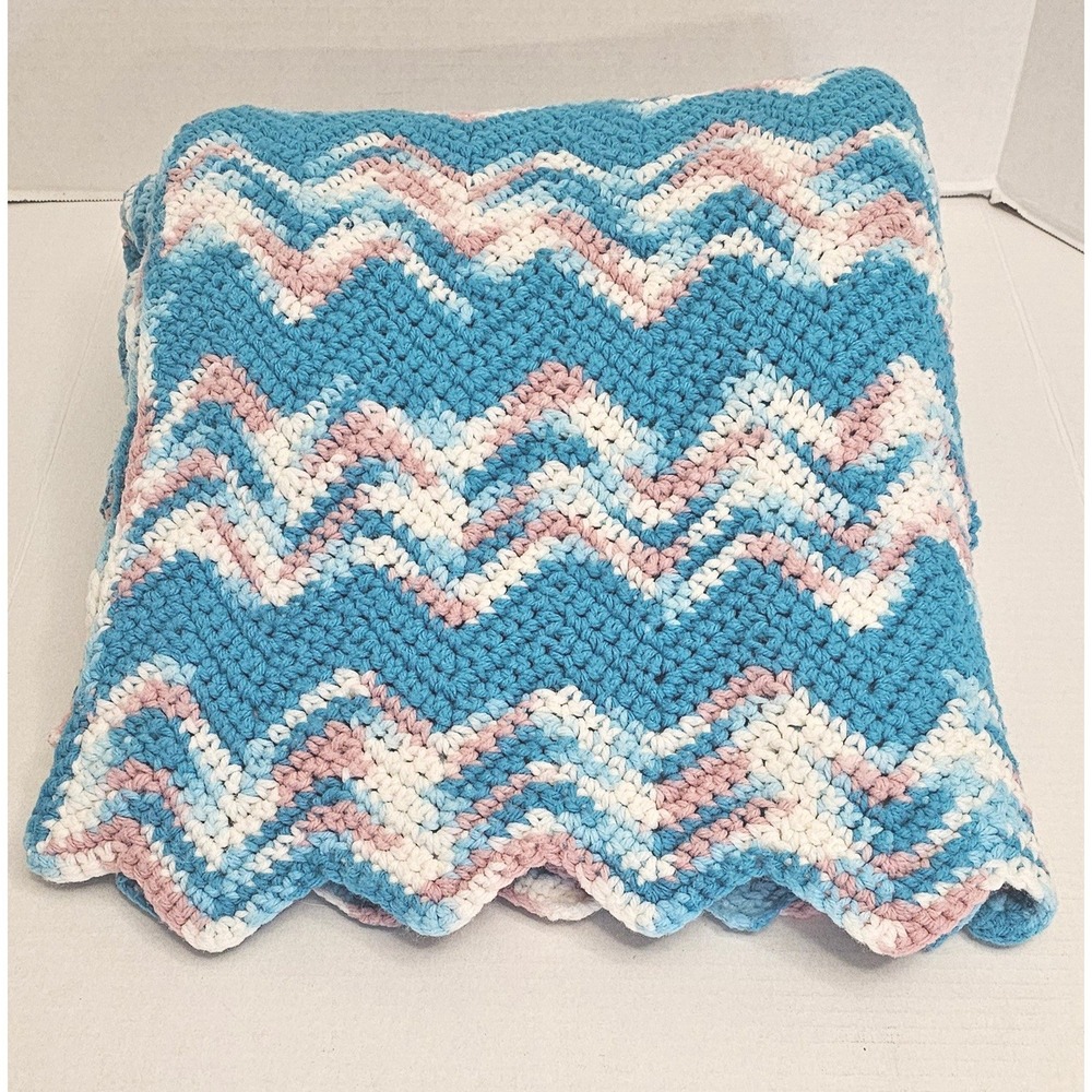 Handmade Crochet Afghan Blanket Chevron Ripple Pink Blue White 60x55 Throw